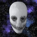 Ghost latex mask with black horror detailing floating in a galaxy-themed space background.