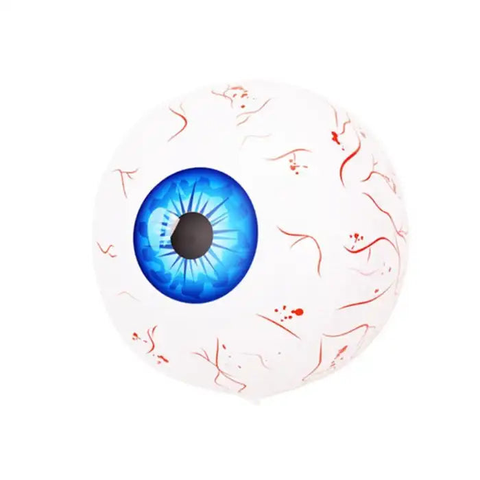 Giant inflatable eye featuring vibrant blue iris and red vein details for Halloween or party decor.