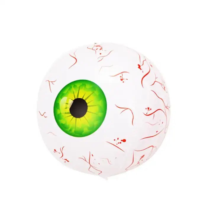 Giant inflatable eye with neon green iris and red blood veins on white for spooky decor.