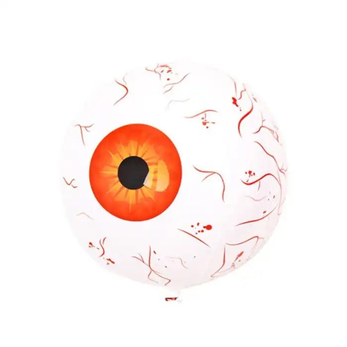 Giant inflatable eye in bright orange iris with red veins on white background for Halloween decoration.