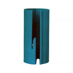 Gift wrap cutter front-facing with open slot and blade guide design in solid teal plastic.