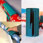 Gift wrap cutter used on different wrapping paper rolls showing cutting process and tool in action.