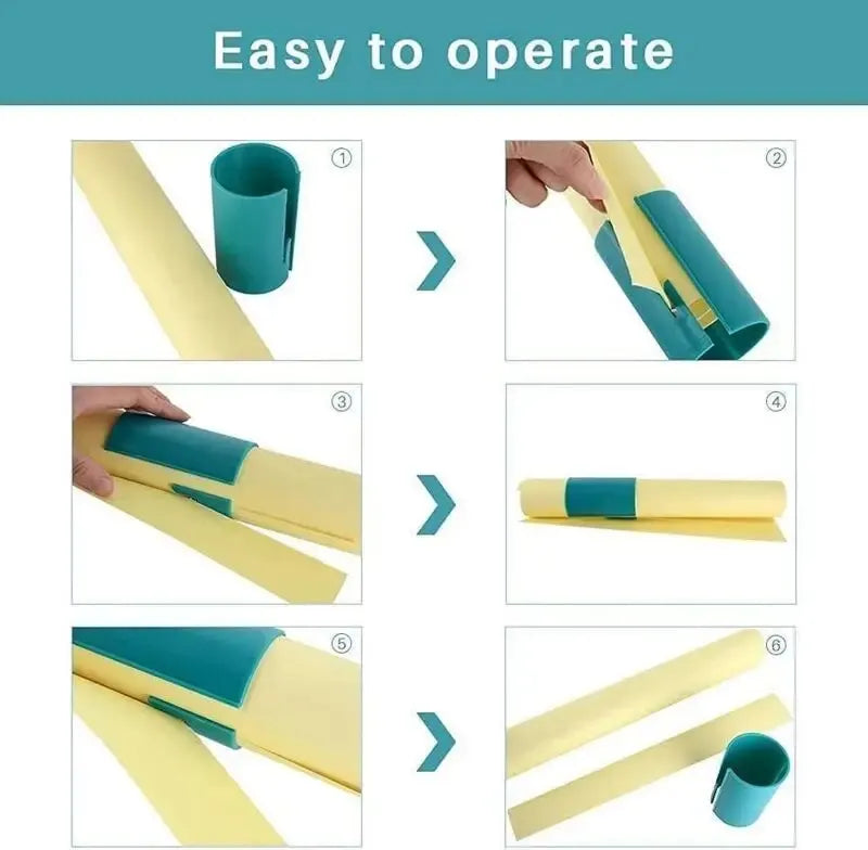 Gift wrap cutter demo layout showing six-step operation process with yellow wrapping paper.