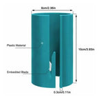 Gift wrap cutter labeled with size dimensions and blade placement in teal plastic material.
