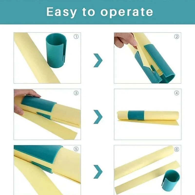 Gift wrap cutter usage steps from roll insertion to clean cutting in six simple illustrated frames.