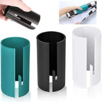 Gift wrap cutter in black, teal, and white shown with usage demo and product holding angle.