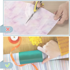 Gift wrap cutter shown as safer alternative to scissors for smooth, easy wrapping paper cuts.