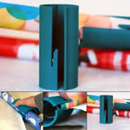 Gift wrap cutter collage showing tool slicing through various wrapping paper rolls easily.