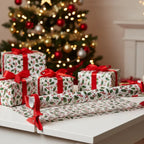 Gift wrapping clamps securing holiday paper beside Christmas tree, helping create neatly wrapped presents with easy festive prep.