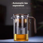 Glass Teapot with One-Click Magnetic Tea Infuser shown with smart brewing and tea separation system.