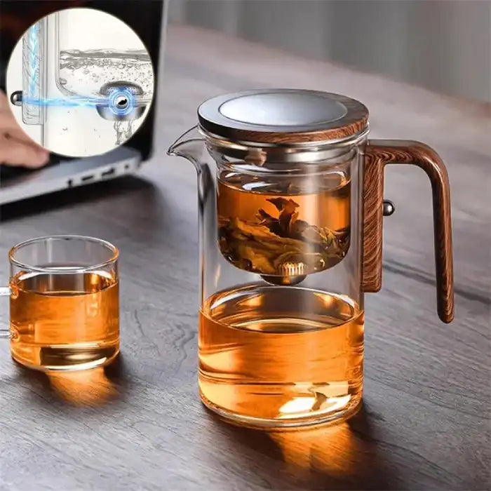  Glass Teapot with One-Click Magnetic Tea Infuser brewing loose tea with side detail inset on mechanism.