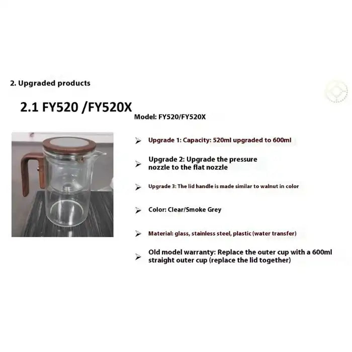  Glass Teapot with One-Click Magnetic Tea Infuser FY520 model upgrades and features listed clearly.
