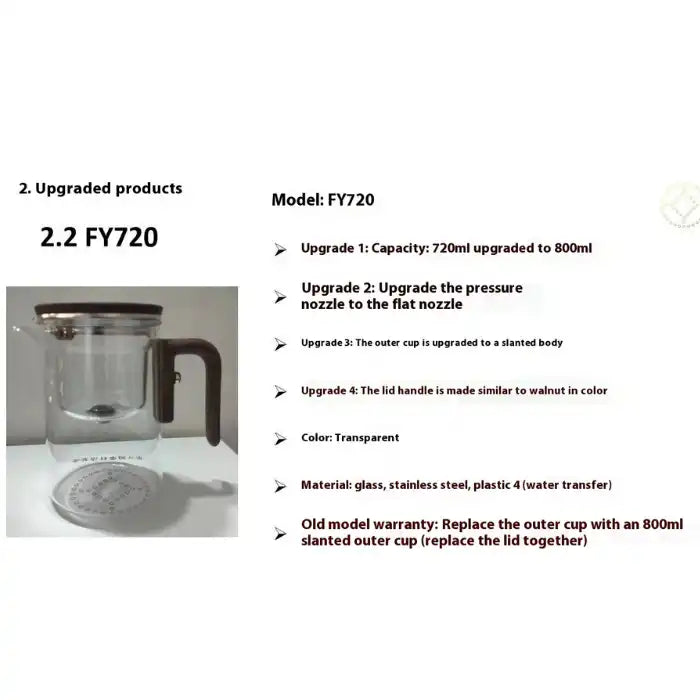  Glass Teapot with One-Click Magnetic Tea Infuser FY720 model upgrades including 800ml slanted body.