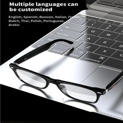 Black glasses on a laptop keyboard promoting multilingual customization options.