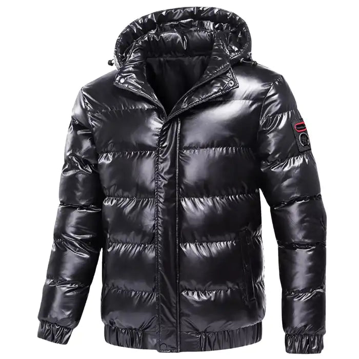 Glossy quilted puffer jacket with hood in black, featuring zip front closure, elastic cuffs, and ribbed hem trim.