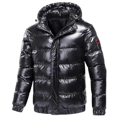 Glossy quilted puffer jacket with hood in black, featuring zip front closure, elastic cuffs, and ribbed hem trim.