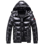  Glossy quilted puffer jacket with hood in black, showing open zipper with cozy interior lining and front pockets.