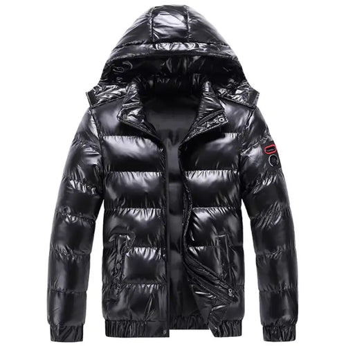  Glossy quilted puffer jacket with hood in black, showing open zipper with cozy interior lining and front pockets.