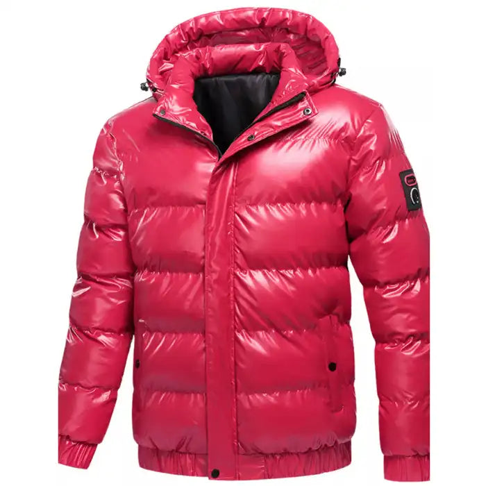 Glossy quilted puffer jacket with hood in bright pink, featuring zip closure, elastic cuffs, and warm insulation.