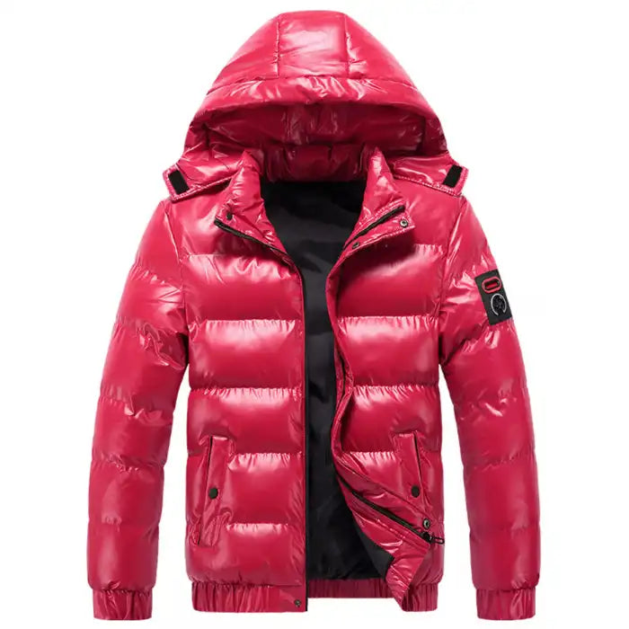  Glossy quilted puffer jacket with hood in bright pink, showing open zipper with black interior lining and side pockets.