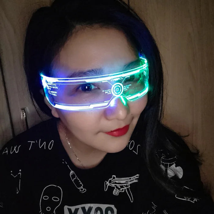 A person wearing glowing green LED glasses with a sci-fi design, ideal for nightlife and parties.