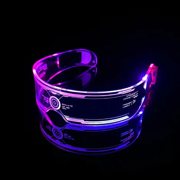 Transparent LED glasses glowing in vibrant purple and pink colors for a futuristic look.