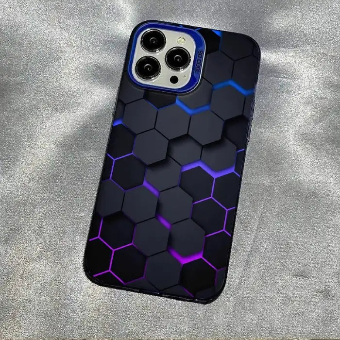 Glowing protective iPhone case with blue-to-purple gradient illuminated hexagon pattern displaying premium shock-resistant design