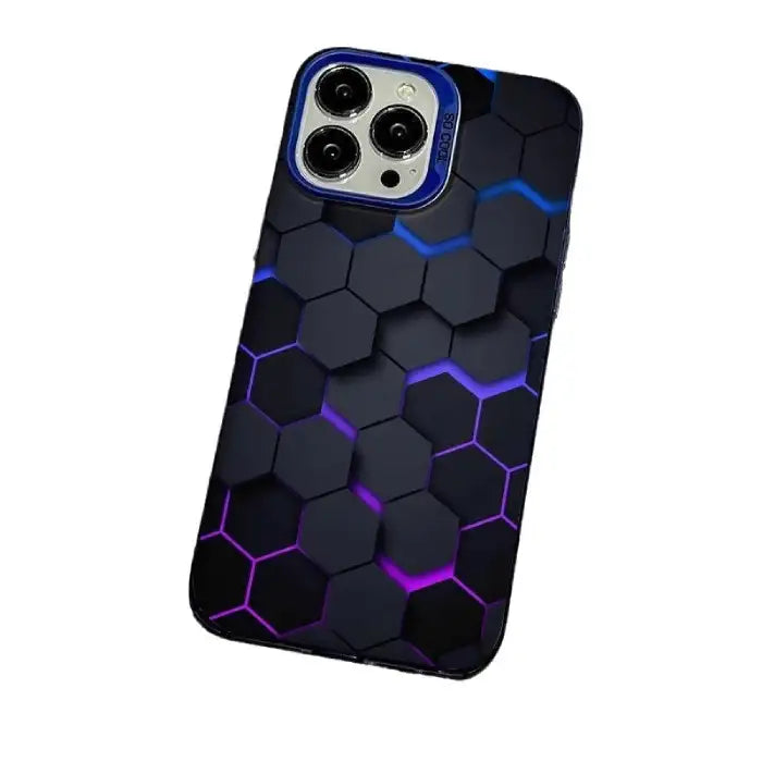 Glowing protective iPhone case featuring black hexagonal pattern with blue-purple illuminated edges and blue camera bumper