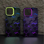 Glowing protective iPhone case duo featuring neon green and purple camera frames with matching illuminated hexagonal patterns