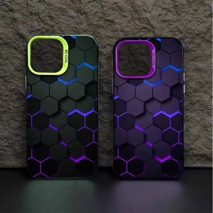 Glowing protective iPhone case duo featuring neon green and purple camera frames with matching illuminated hexagonal patterns