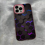 Glowing protective iPhone case with hexagon pattern featuring blue-purple illuminated edges and pink camera frame on silver surface