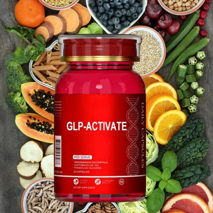 Red GLP-ACTIVATE daily capsules bottle showcasing gut health ingredients.