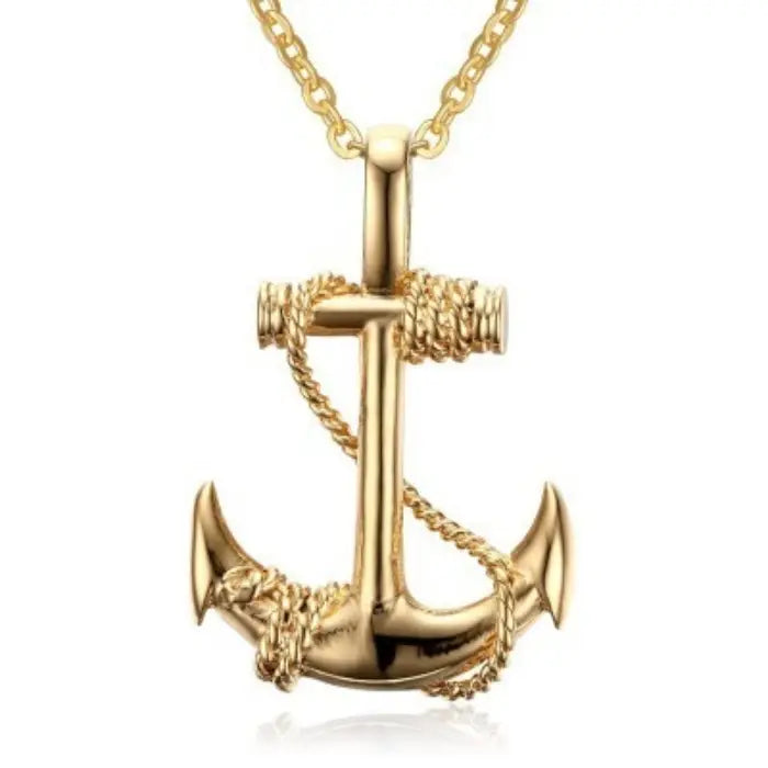 Gold anchor pendant necklace with rope detailing, a nautical-inspired accessory for stylish men or women.