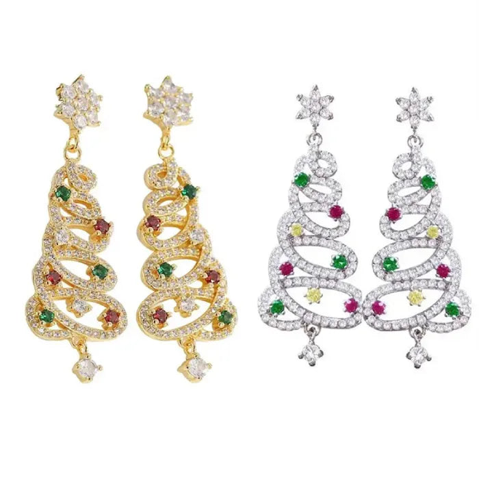 Gold and silver Christmas tree earrings featuring glittering gemstones, showcasing holiday charm and beauty.