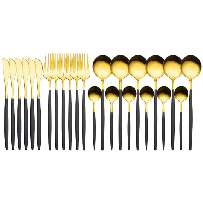 Modern flatware set featuring gold-finished utensils with black handles, includes knives, forks and spoons