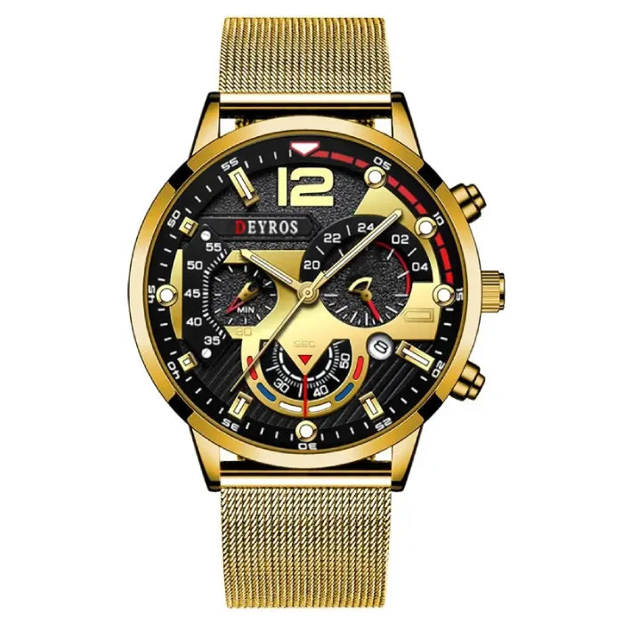 Stylish gold and black watch featuring intricate dials for a sophisticated look.