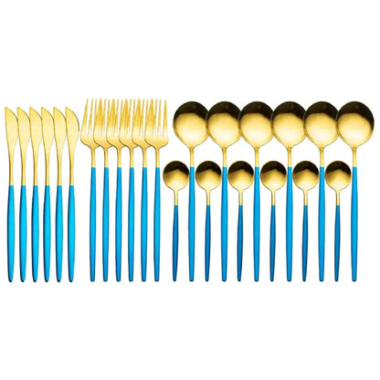 Modern flatware set with gold heads and turquoise handles featuring knives, forks and spoons