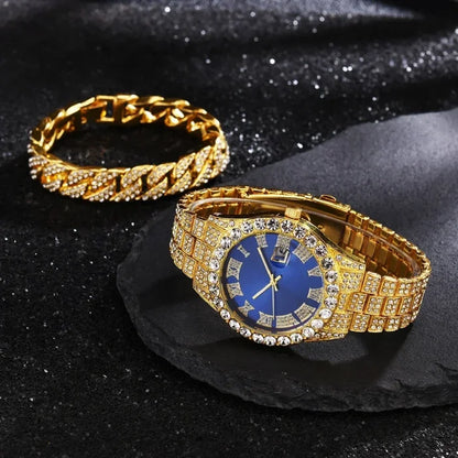 Luxurious gold watch with blue dial and a gold crystal bracelet.