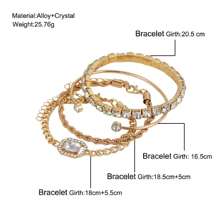 Detailed gold bracelet set dimensions and specifications, featuring crystal accents and chain designs.