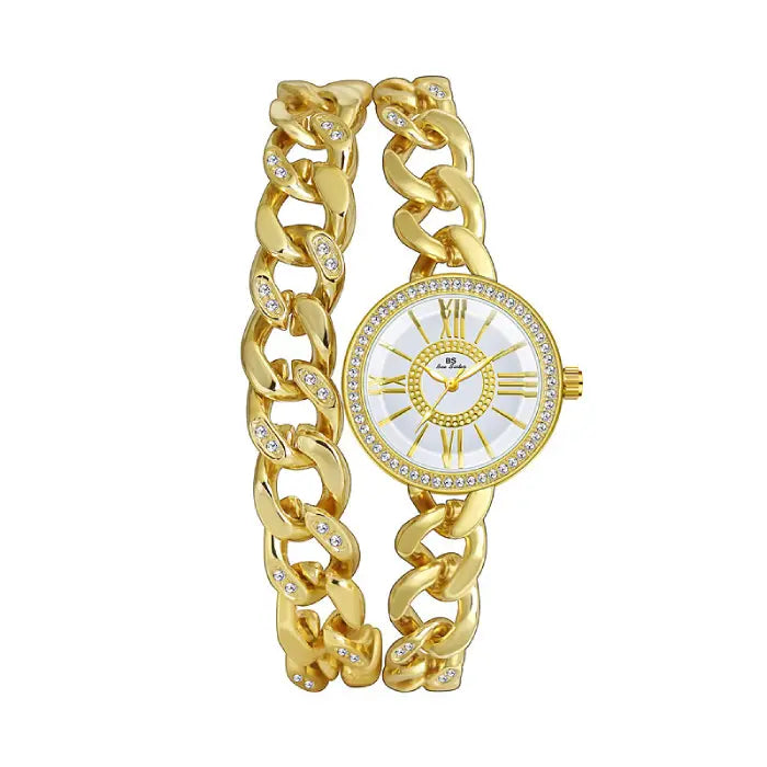 Minimalist gold chain watch with crystal details and Roman numeral dial for a sophisticated women's look.