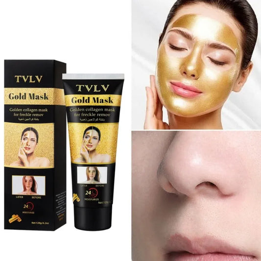 Image showing golden mask application and before-after skin results.