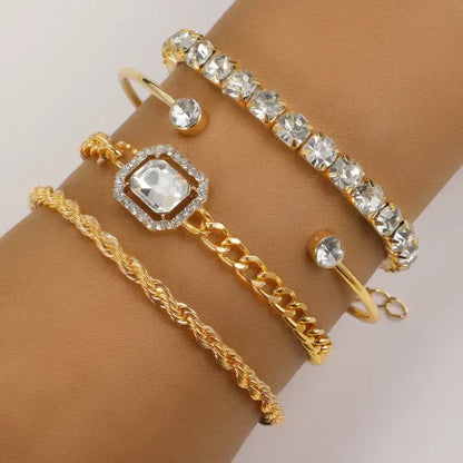 Gold crystal bracelets with a stunning stacked design, ideal for elegant and trendy wrist accessories.