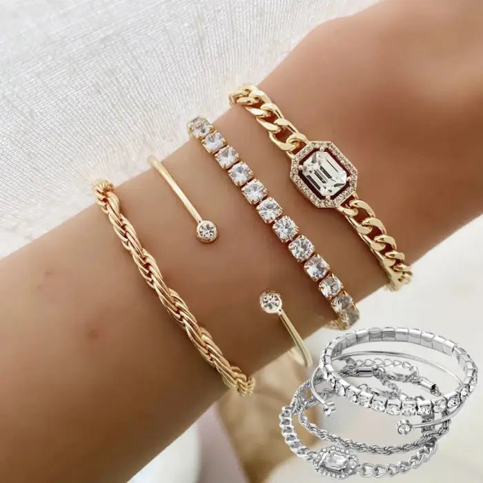 Elegant gold and crystal stacked bracelets for women featuring a luxurious wrist accessory design.