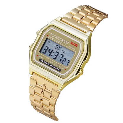 Gold digital wristwatch with alarm, water resistance, and a classic stainless steel bracelet design.