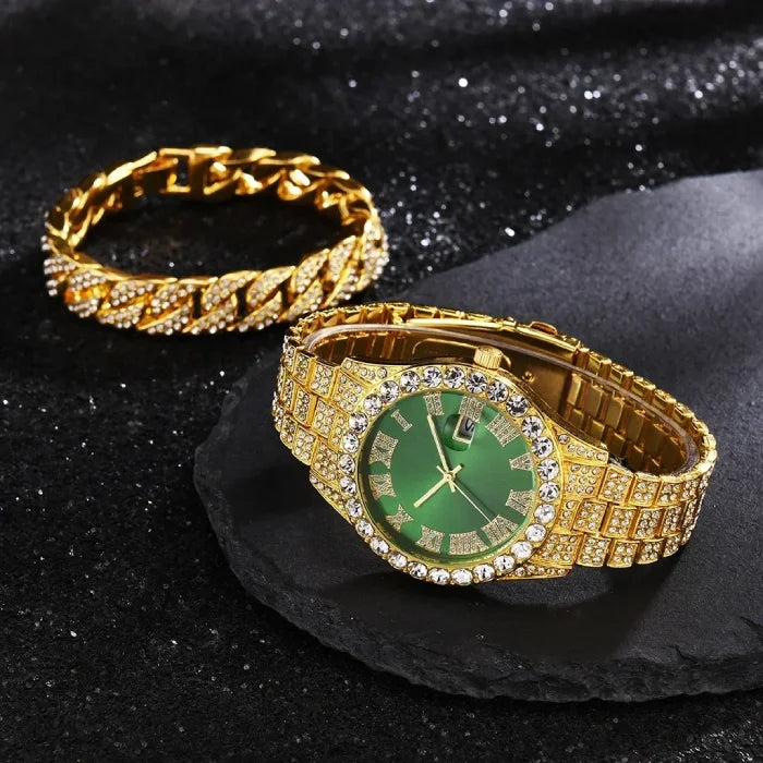 Luxury gold watch with green dial and matching crystal bracelet on dark background.