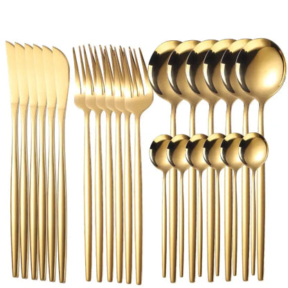 Luxury flatware set with teal handles and gold finish includes knives, forks and spoons