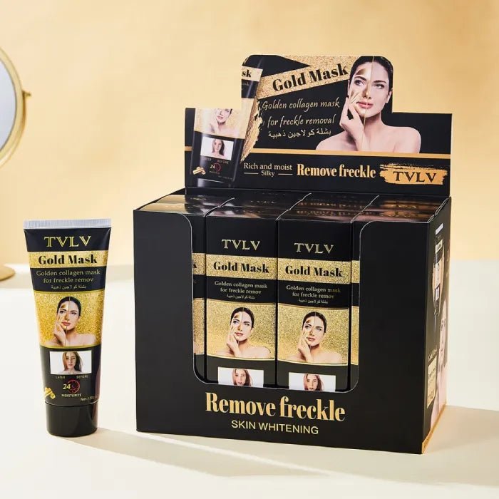 Gold collagen masks for freckle removal displayed in a retail setup.