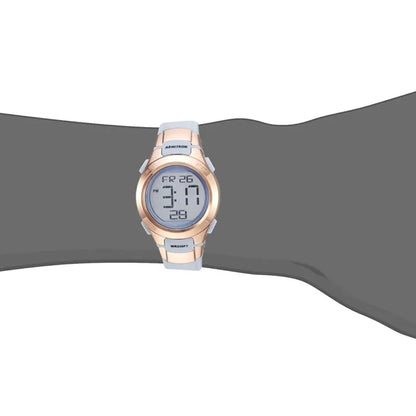 Armitron 45/7012 women's digital watch with white silicone strap and rose gold-tone case, perfect for everyday casual wear