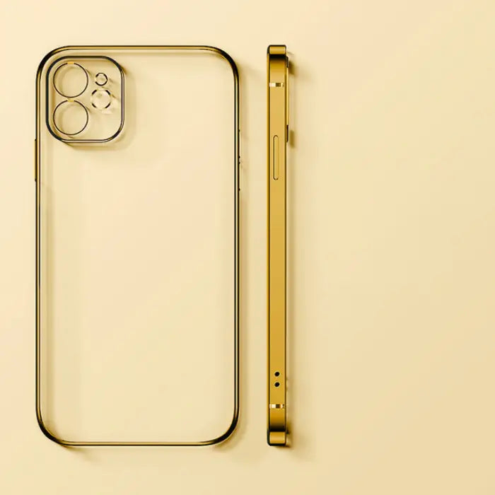 Elegant gold transparent phone case with slim profile and smooth edges displayed on a light yellow background.