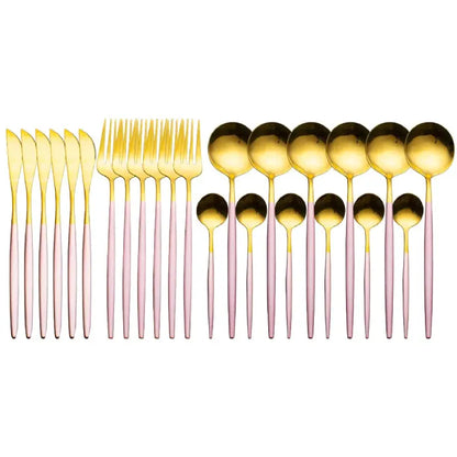 Contemporary dining set with gold heads and pink handles including knives, forks and spoons